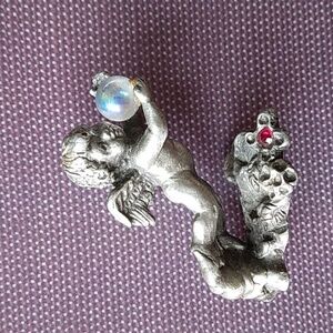 Sunglo Vintage 90s Silver Pewter Angel Cherub Figurine Holding Glass Orb